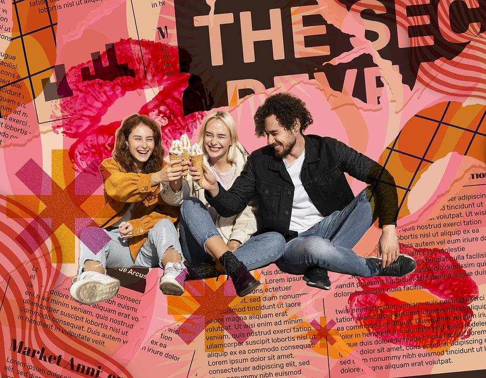 a collage style illustration of a group of friends laughing