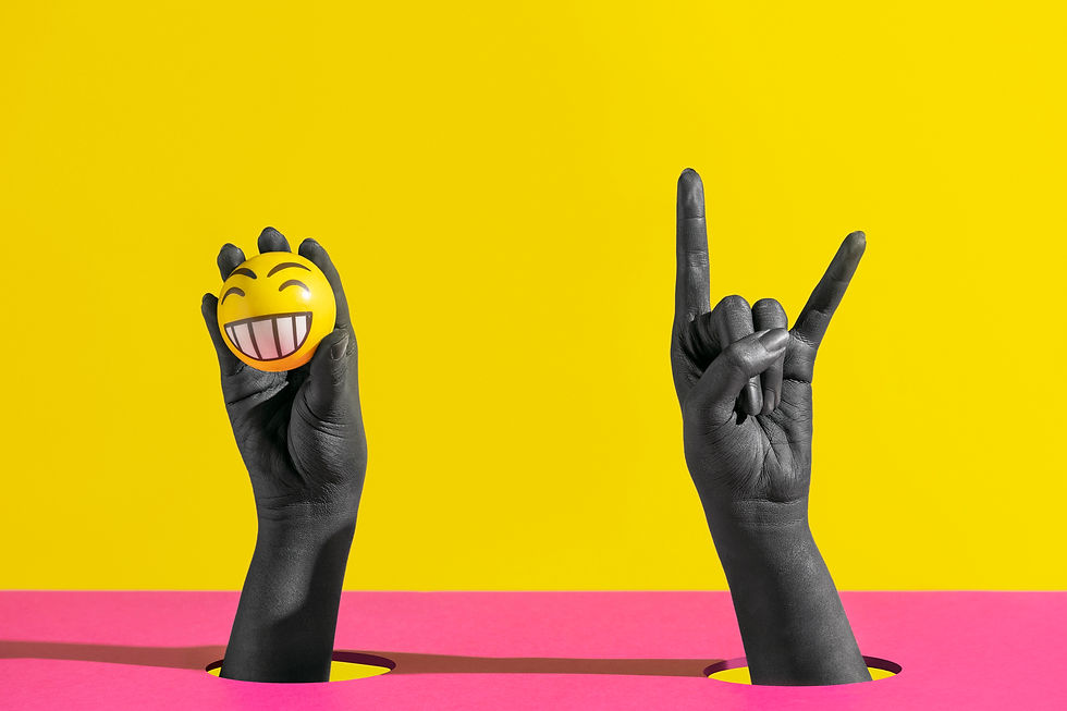 a collage illustration of hands gestures: one for happiness and the other one for freedom