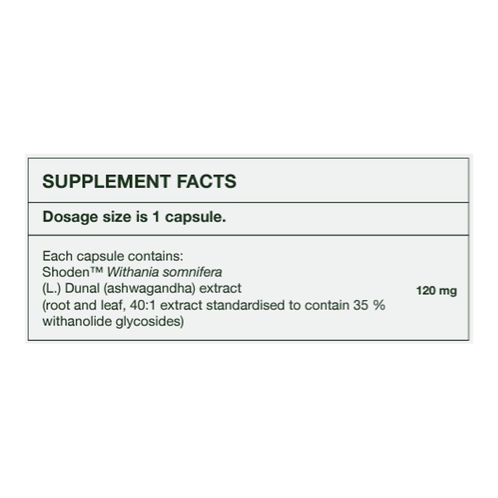 Thumbnail: Supplement facts for Shoden ashwagandha extract 120 mg per capsule