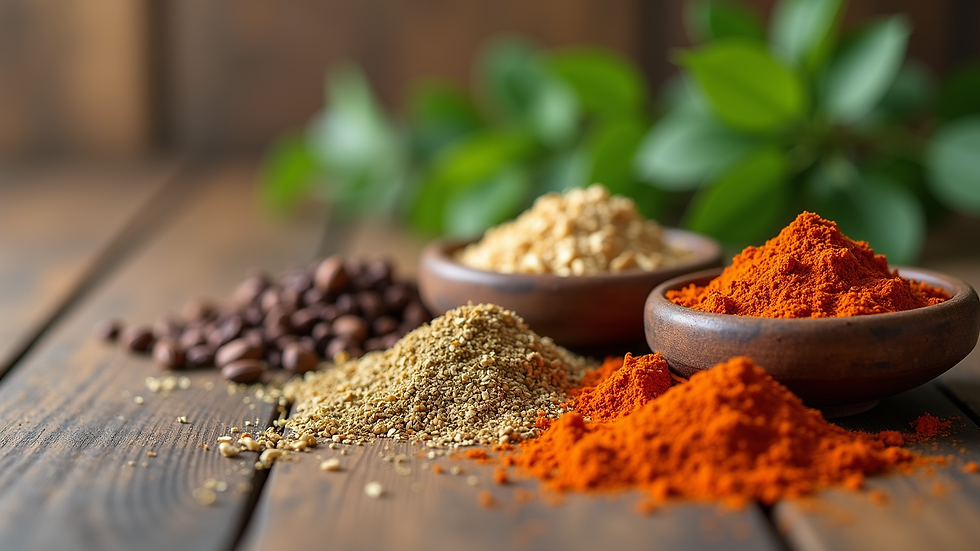 Close-up view of Ayurvedic herbs and spices arranged on a wooden table