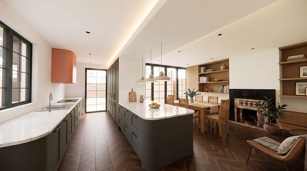 Modern open-plan kitchen and dining room with fireplace — Kingsmead Road, SW2