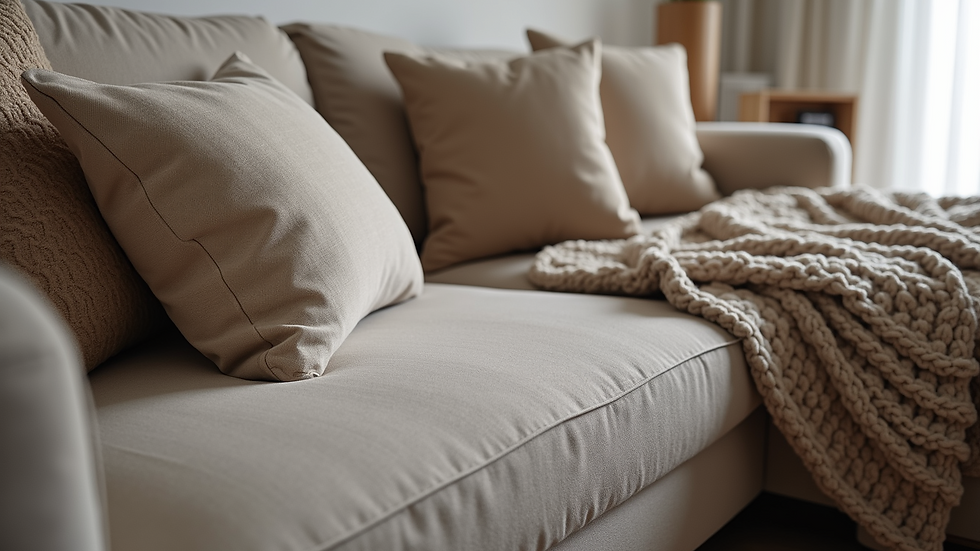 Close-up of textured cushions and throws on a sofa