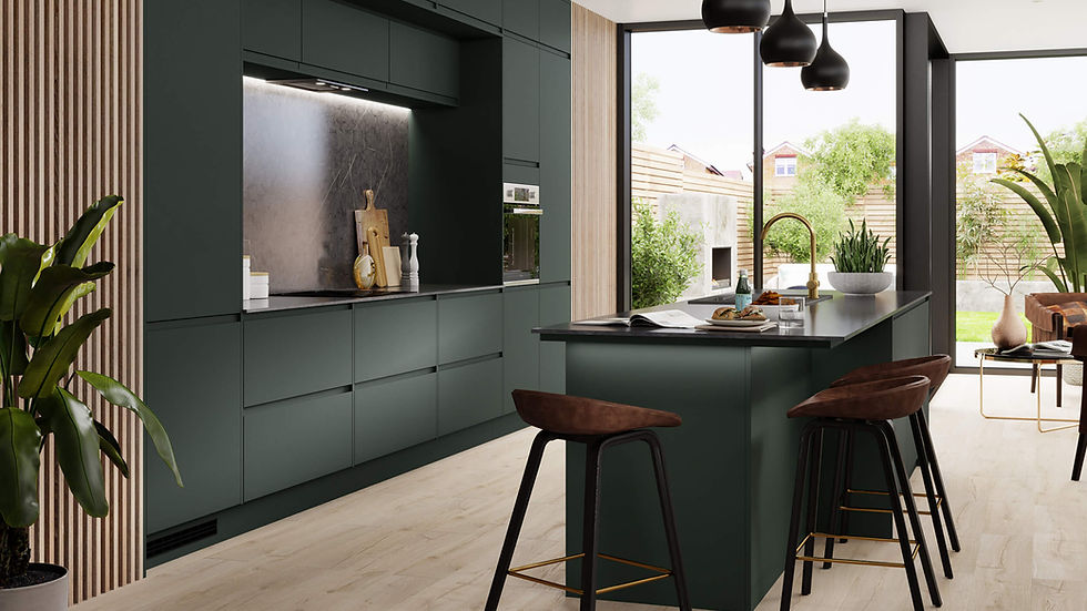 A dark color kitchen with pendants