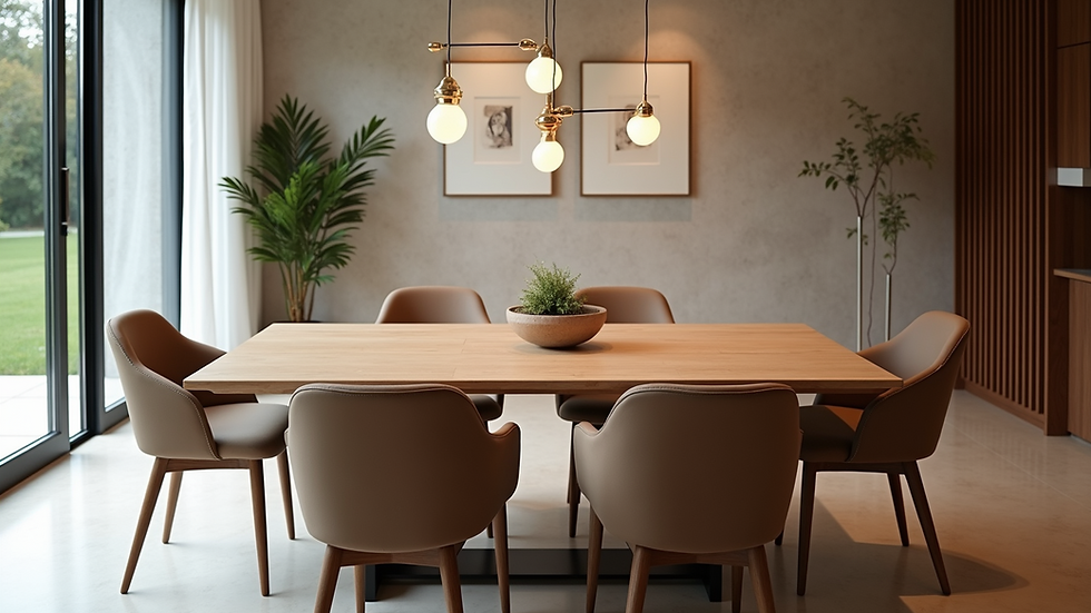 High angle view of a dining table with matching chairs and centrepiece