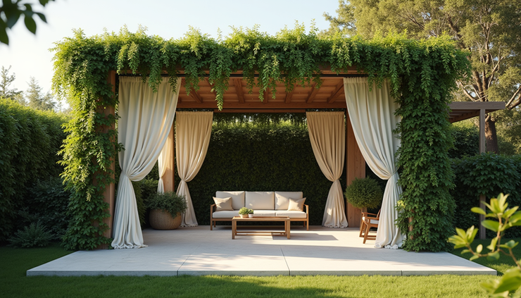 Close-up view of a garden pergola with climbing plants and outdoor curtains