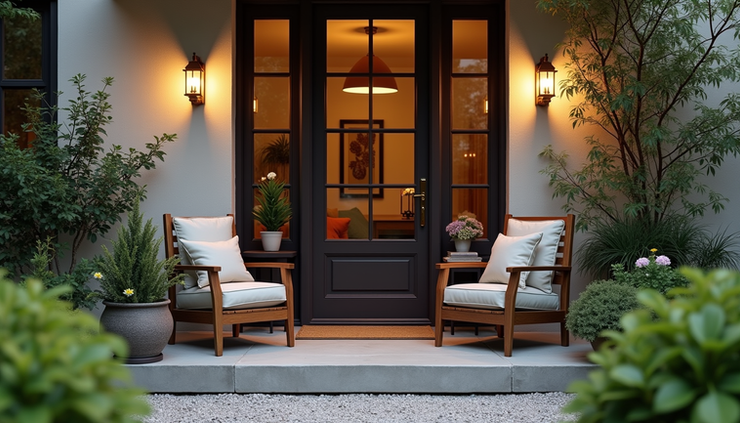 Eye-level view of a cozy front patio with seating and potted plants