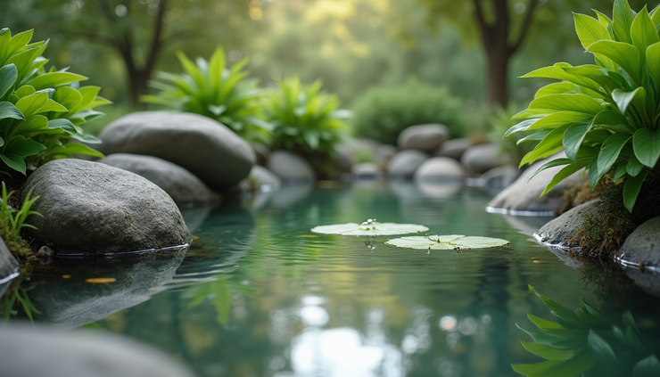 Eye-level view of a serene garden pond surrounded by lush greenery and flowering plants