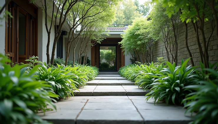 Eye-level view of a modern garden with stone pathways and lush greenery