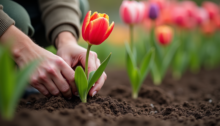 Close-up view of a gardener planting spring bulbs in a flower bed