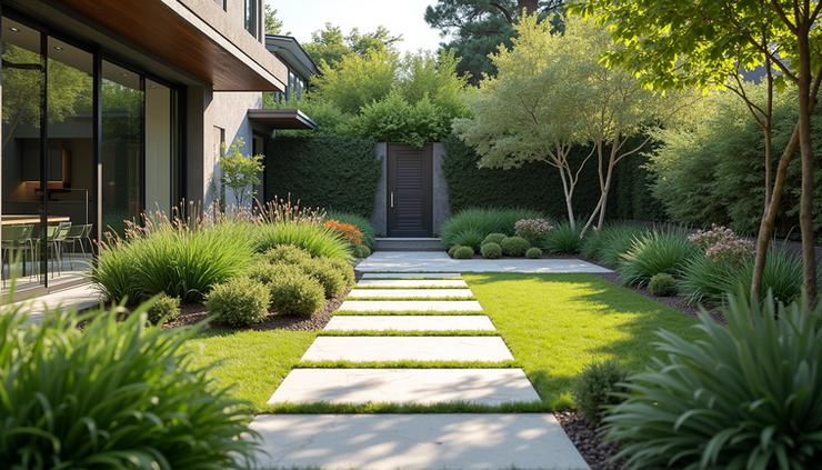 Eye-level view of a modern garden layout with stone paths and flower beds