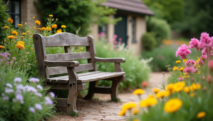 Close-up view of a rustic wooden bench surrounded by blooming English cottage garden flowers