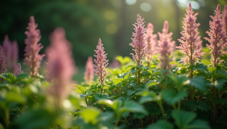 Close-up of colorful Heuchera leaves and Astilbe flowers in a shaded garden bed