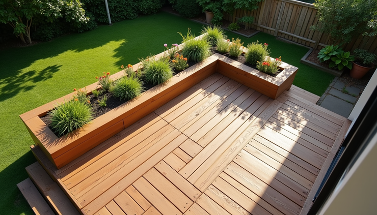 High angle view of medium-sized decking with built-in planter and garden view