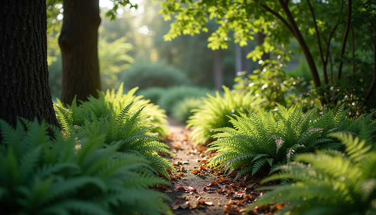 Eye-level view of lush green ferns and hostas in a shaded north-facing garden