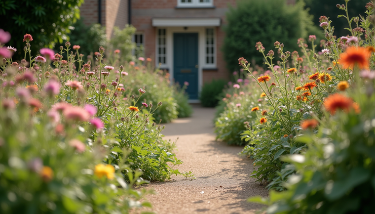 Eye-level view of a colorful English cottage garden pathway lined with blooming flowers