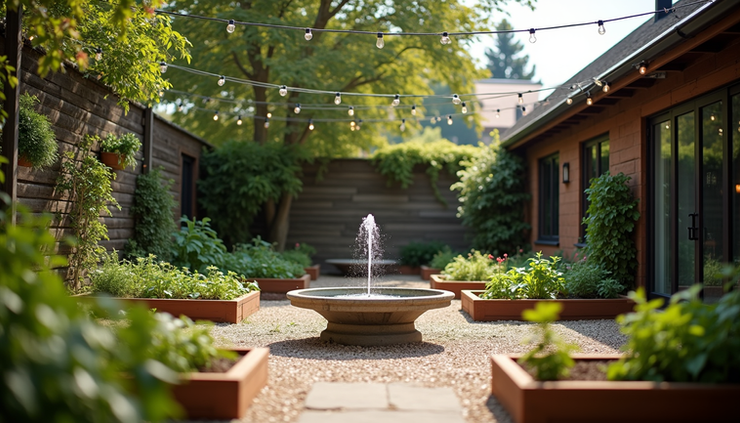 High angle view of a small garden with raised beds, a water fountain, and string lights