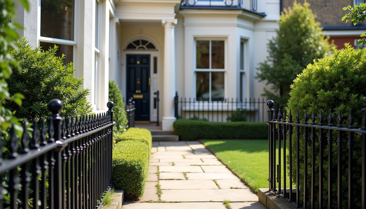 Eye-level view of a small, neatly arranged front garden with classic Georgian railings and stone pathway