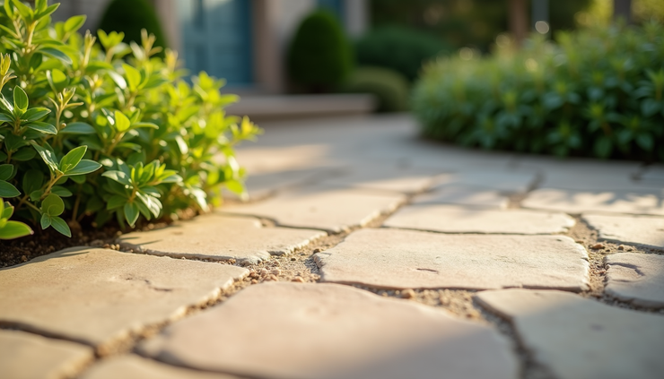 Close-up view of a well-maintained patio with sandstone tiles surrounded by green plants