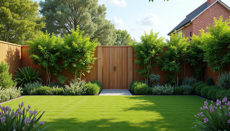 Eye-level view of a modern garden with tall wooden fencing and lush plants
