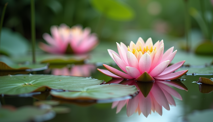 Close-up view of a garden pond with blooming water lilies and clear water reflecting surrounding plants