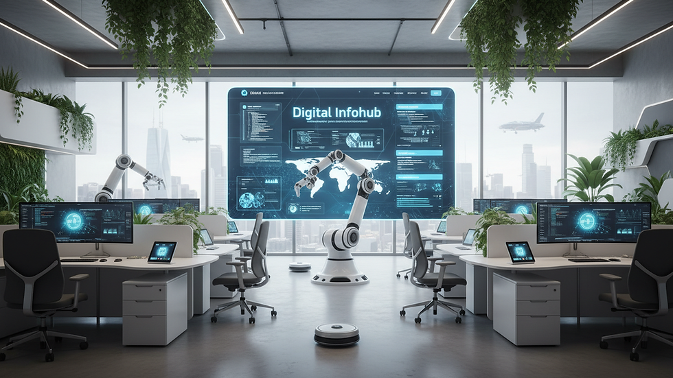 Eye-level view of a modern office with AI technology devices
