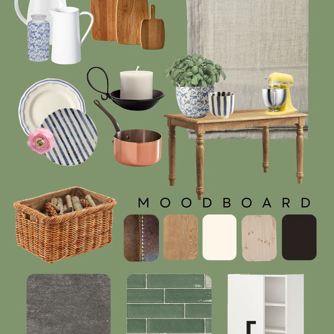 Moodboard für eine Küche in Grün mit Holz, Keramik und gelben Akzenten