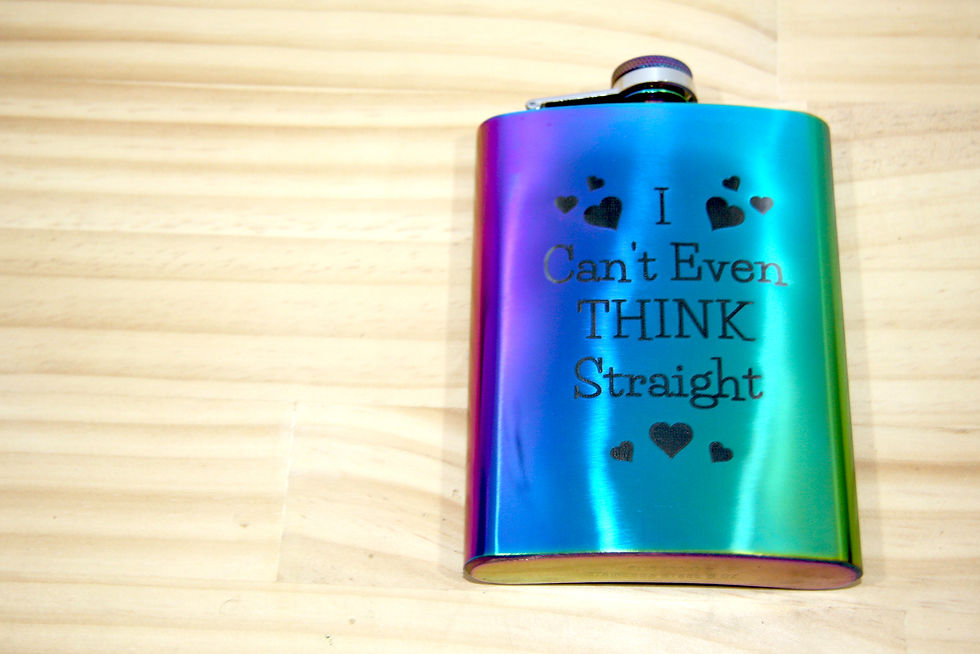 Thumbnail: A mostly Purple, Blue and Green 8oz Rainbow coloured stainless steel flask flat on a pine benchtop