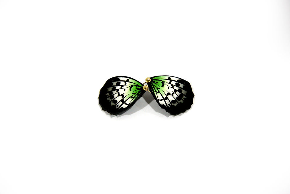 Agender Pride Flag Coloured Critically Endangered Fritillary Butterfly Earring Studs lying atop on another