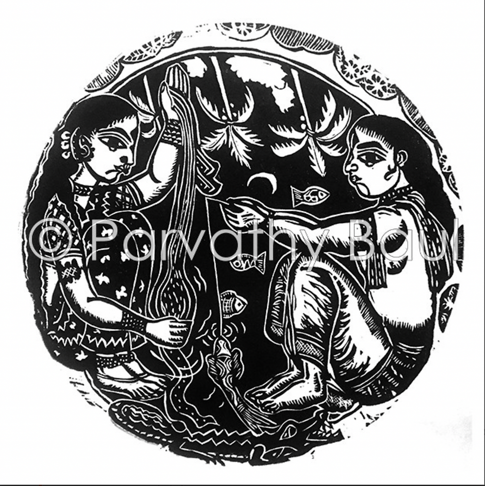 ‘Chandidas and Rami’ (Nava Rassika Series) Woodcut by Maa Parvathy Baul.