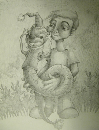 a black and white drawing of a boy holding a stuffed animal