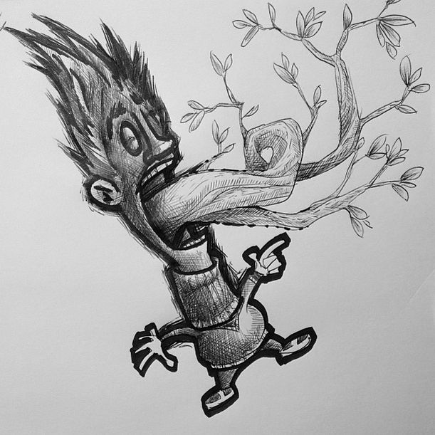 a drawing of a person with a tree branch sticking out of their mouth