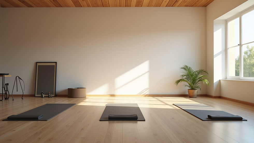 Eye-level view of a serene Pilates studio with mats and equipment