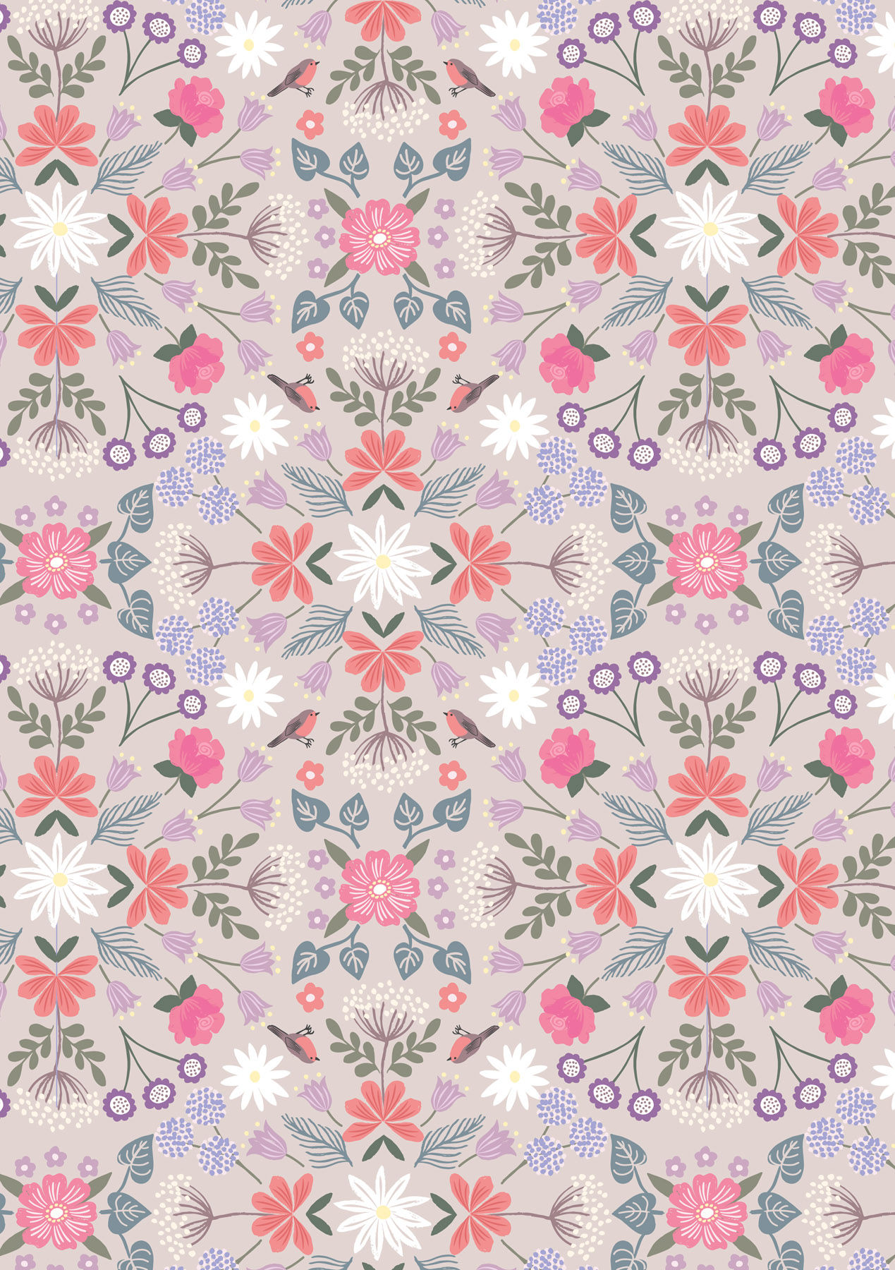 'The Secret Garden' Robin Floral on light Beige A708.2