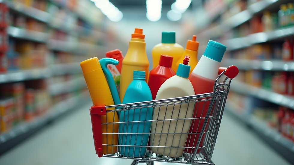 Close-up view of a shopping cart filled with various household items