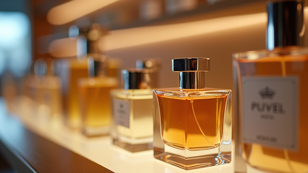 Eye-level view of a perfume display with various bottles arranged neatly