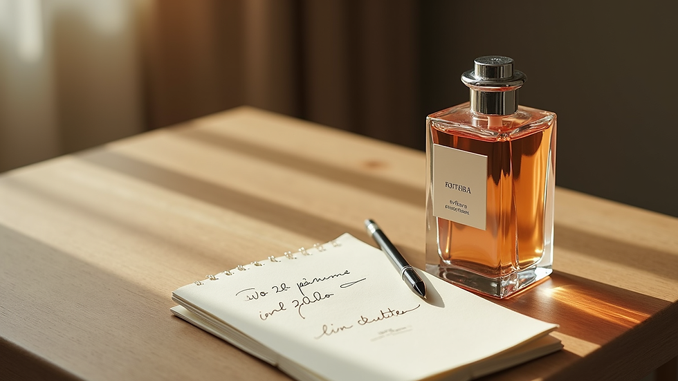 High angle view of a perfume bottle with a handwritten note beside it