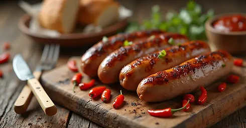 sausages with chilli on a wooden board.jpg
