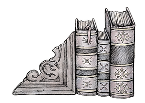 a hand-drawn border of books on a shelf