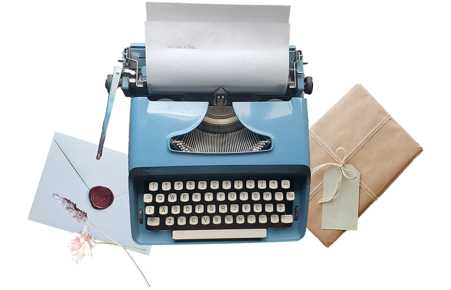 an image of a blue typewriter surrounded by merchandise