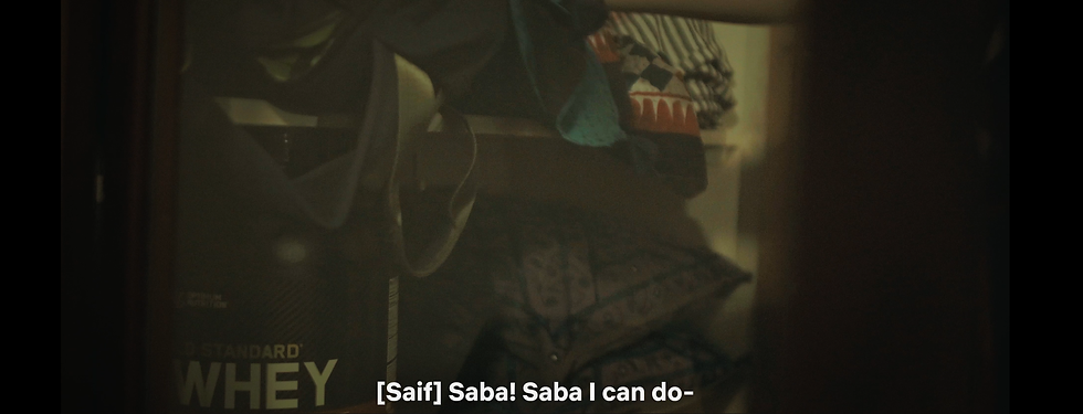 intentionally placed protein powder adding to Saif's character and personality - stereotypically masculine