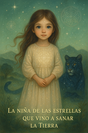 Girl in a starry dress with a glowing symbol stands beside a dark panther under a starry sky. Text reads "La niña de las estrellas..."