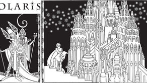POLARIS cover art: ornate figures on left and a man with scroll before a starry, white towered city on black sky.