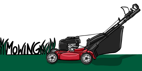 A cartoon depiction of a push mower on a lawn, with the word "mowing" framed on both sides by blades of grass.