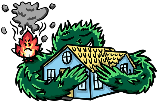 Real grass depicted as a friendly being, hugging and protecting a house as a fire cartoon figure angrily observes.