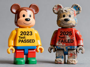 Two similar toy figurines labeled “2023 Test: PASSED” and “2025 Test: FAILED,” highlighting differences in materials, under a CE logo background.