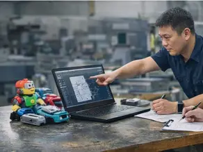 Buyer and factory engineer reviewing toy tooling plans and CAD drawings before steel is cut in China