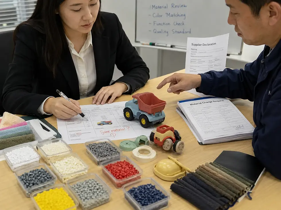 Toy buyer reviewing a material substitution request with samples, declarations, and a specification sheet.
