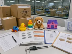Toy pre-shipment inspection checklist review with sample toys, carton labels, barcode checks, and quality-control tools.