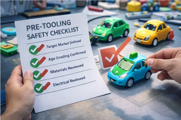 Pre-tooling toy safety checklist reviewed beside toy car samples before development approval