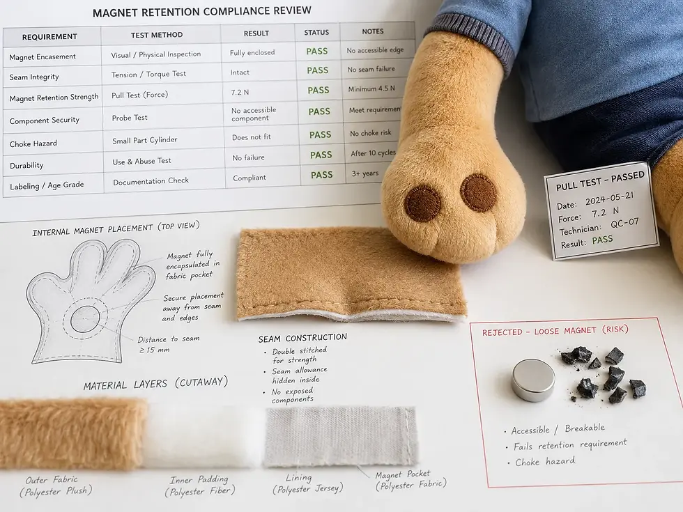 Plush toy magnet retention review showing embedded magnet placement, seam construction notes, and loose magnet risk.